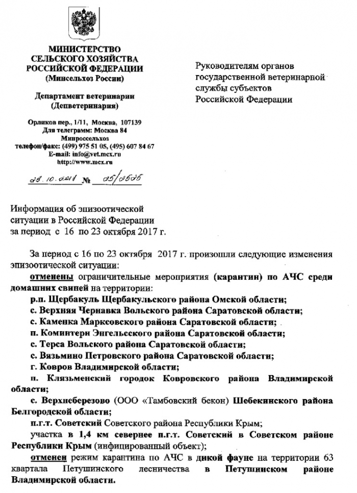 Информация об эпизоотической ситуации в Российской Федерации за период с 16 по 23 октября 2017 г.