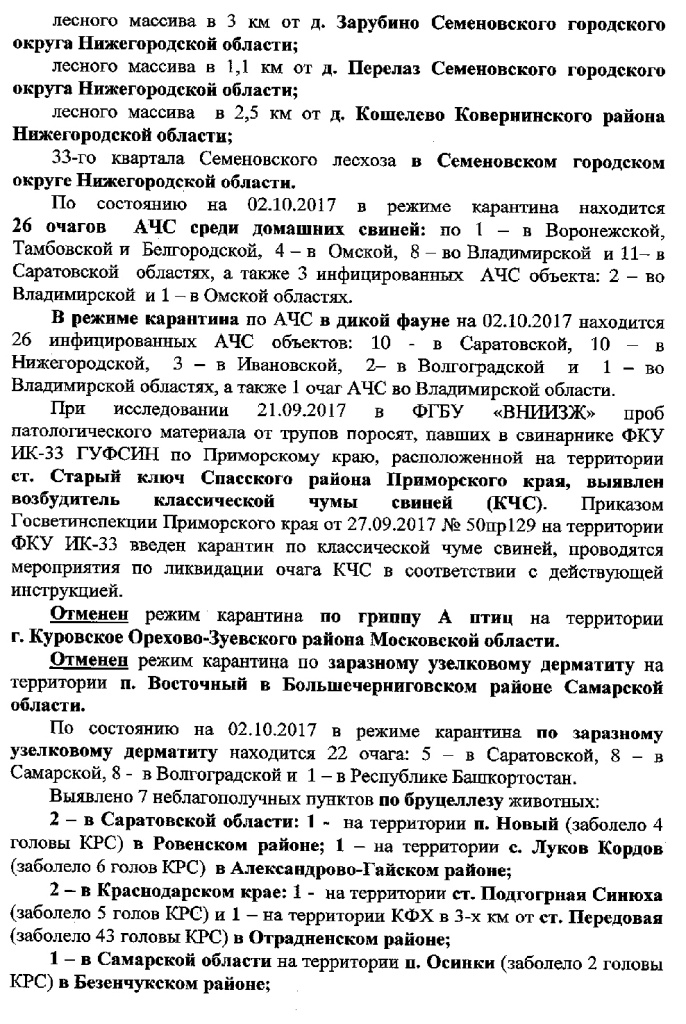 Информация об эпизоотической ситуации в Российской Федерации за период с 25 сентября по 2 октября 2017 г.